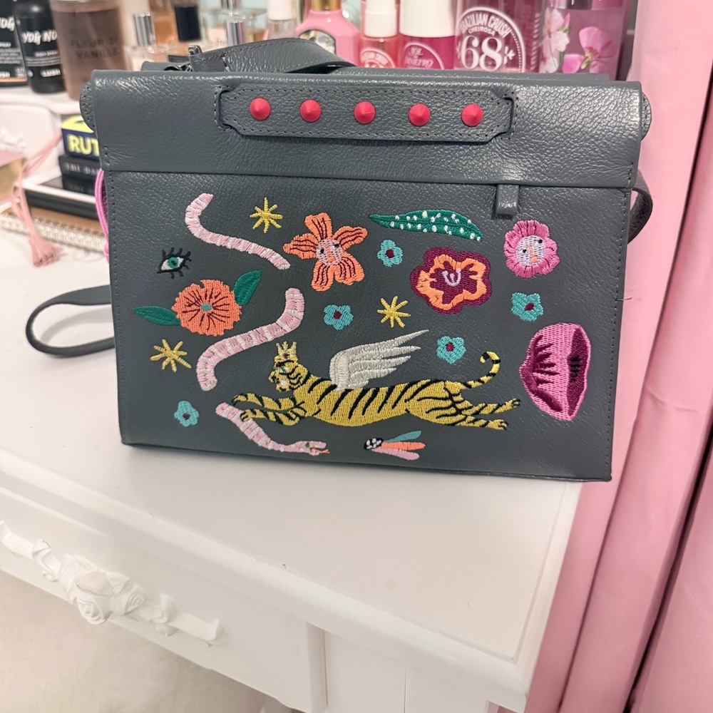 Embroidered Gray Crossbody Bag with Colorful Floral & Tiger Motif